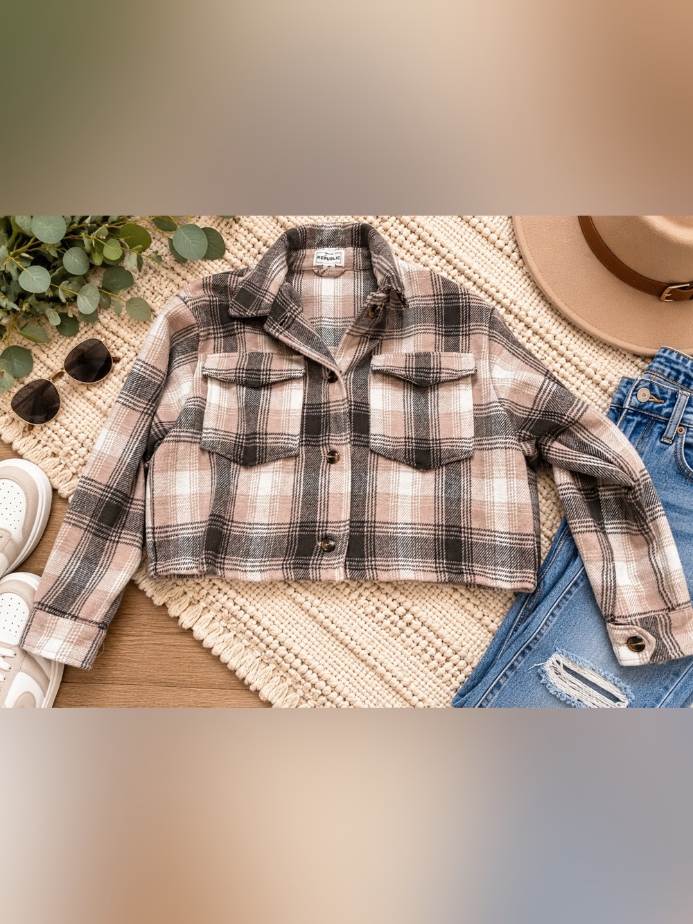 For The Republic Cropped Plaid Shacket Jacket Beige Brown Pink